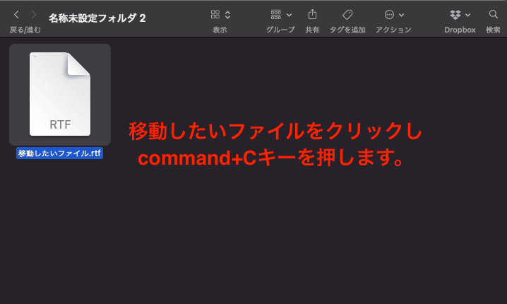 画像：Finderのフォルダ内の移動したいファイルの上でcommand+Cキーを押す